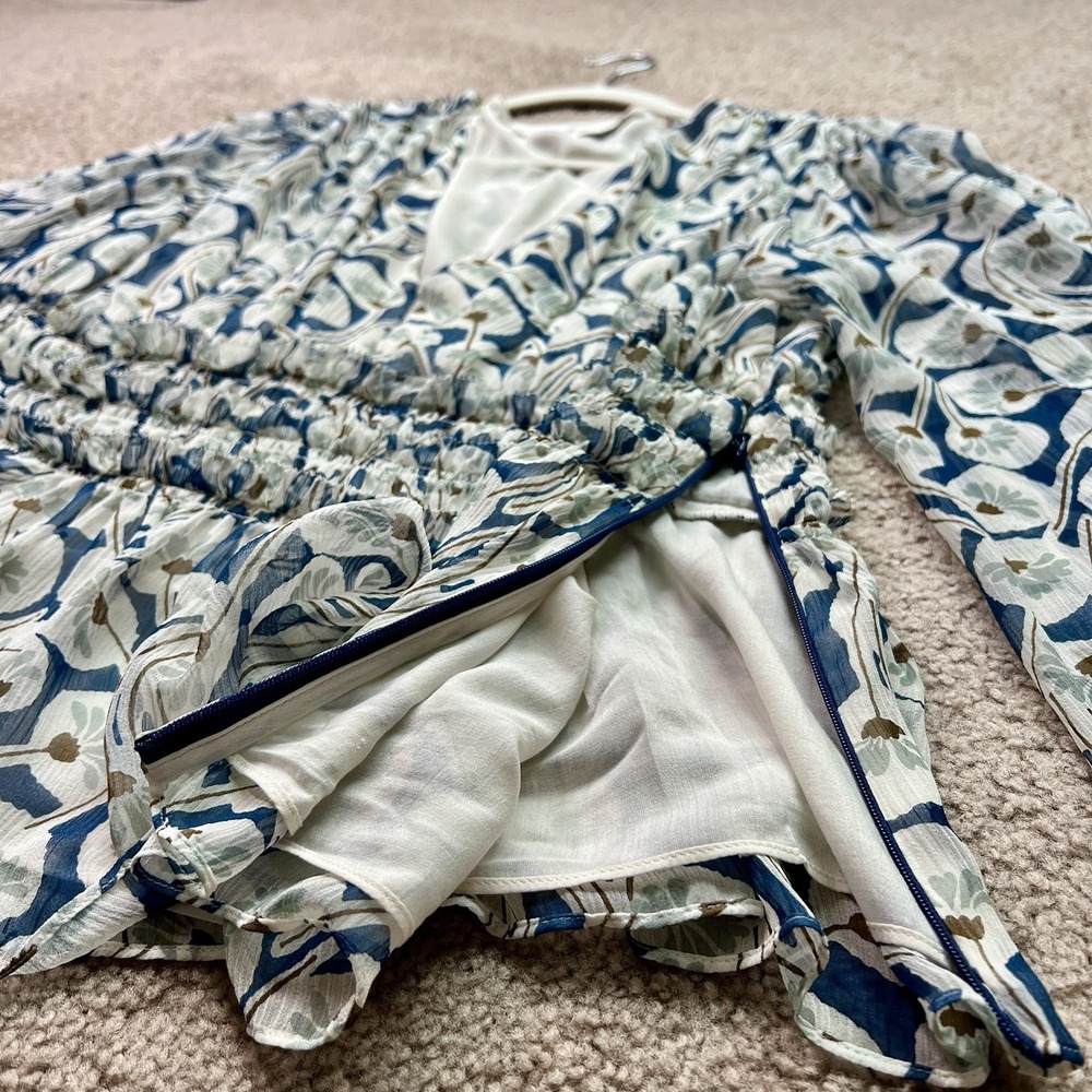 Rebecca Taylor Silk Floral Long Sleeve V Neck Lined Blouse Top White Blue Siz 10 - Picture 10 of 12